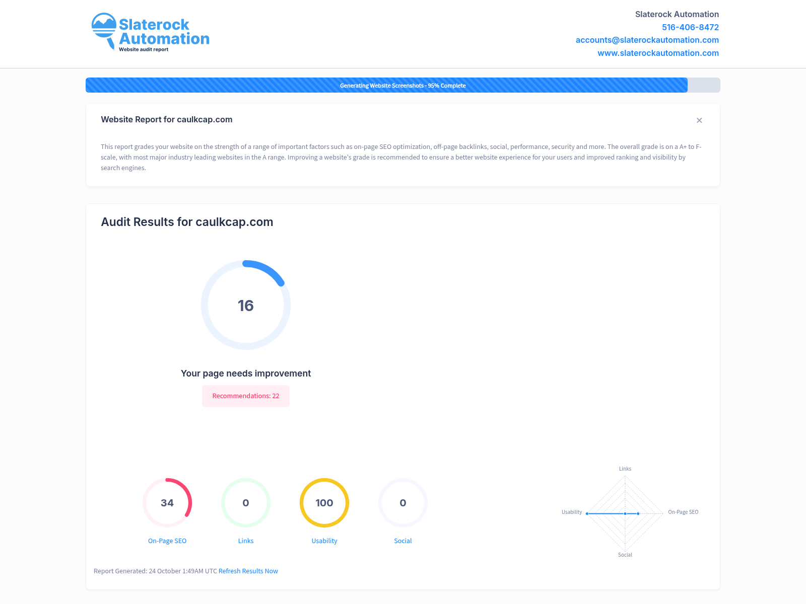 Screenshot showcasing the website audit results for Caulk Cap, highlighting its user-friendly interface and optimized performance.