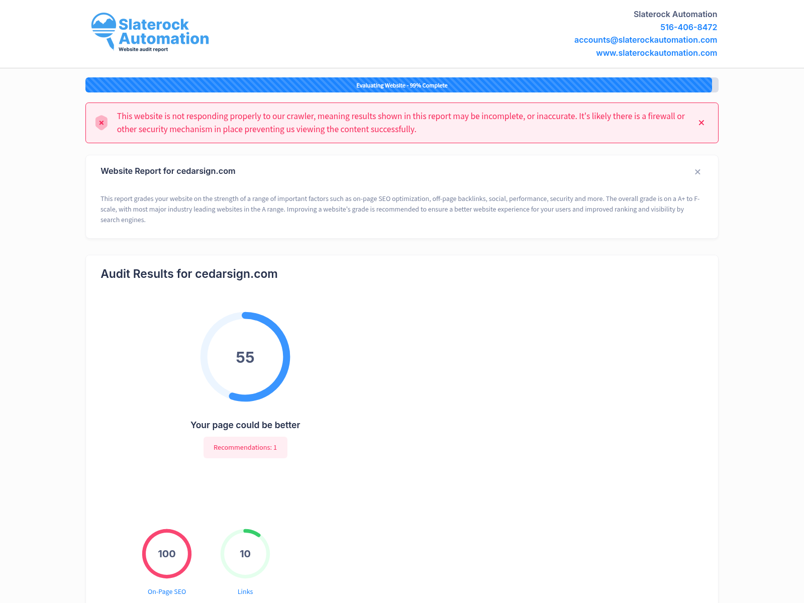 Website audit screenshot of Cedar Sign, showcasing custom wooden signs and design services.