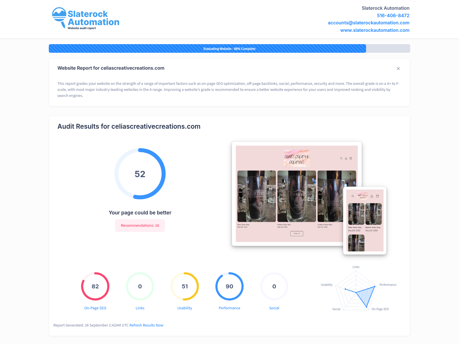 Screenshot of website audit for Celia's Creative Creations showing performance and SEO insights.