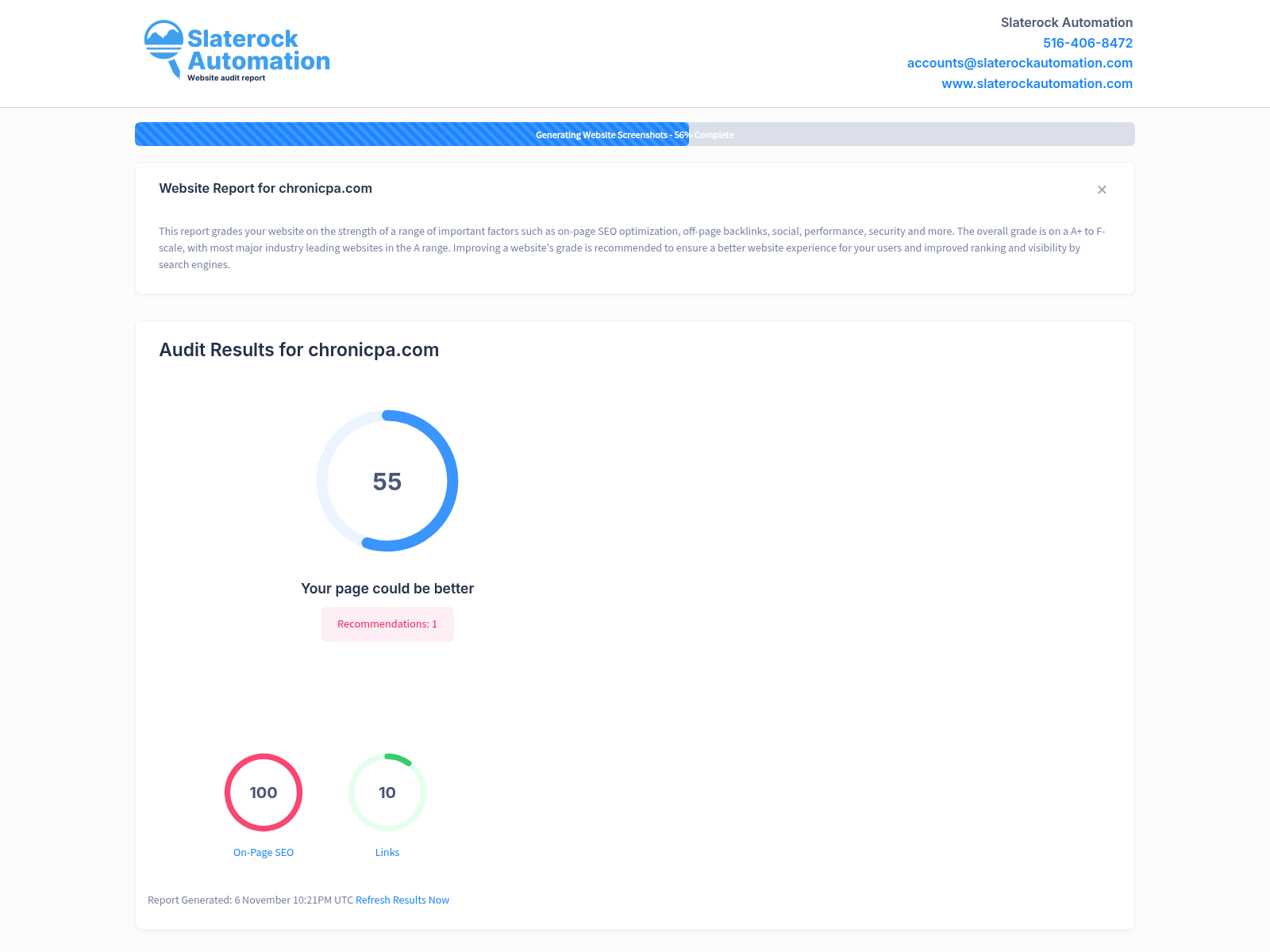 A detailed screenshot of a website audit for Chronic Conditions Center showcasing strengths and improvement areas.