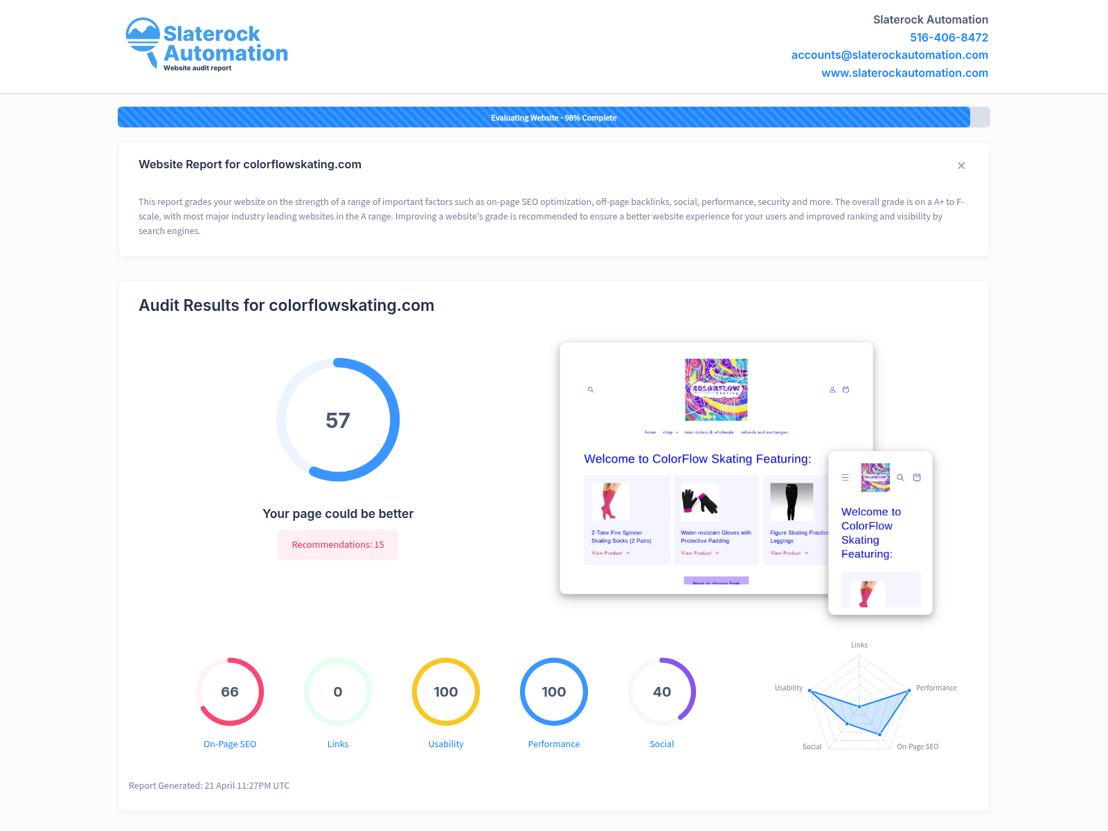 Screenshot of Color Flow Skating website audit, showcasing high performance and optimization.