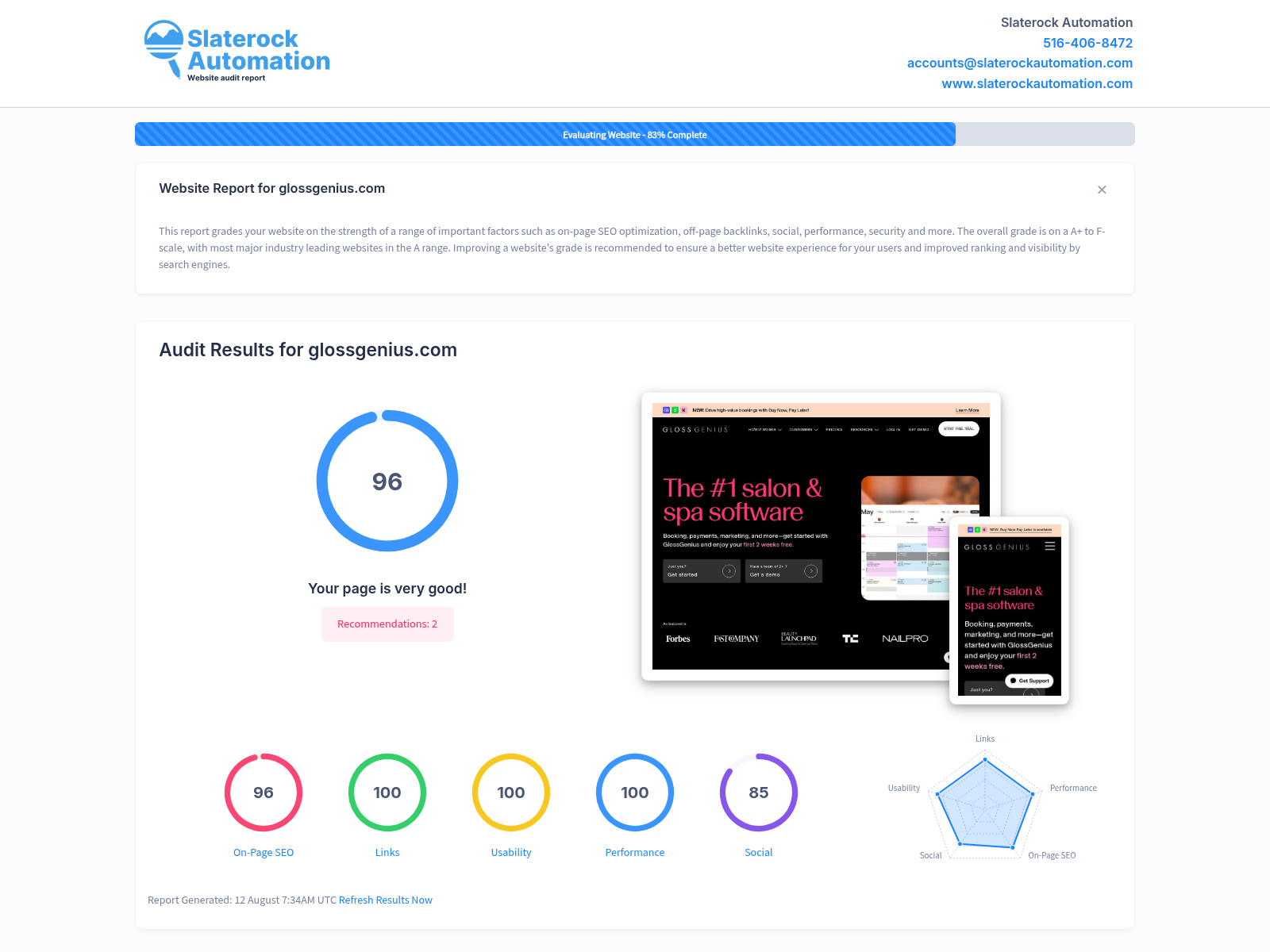 Screenshot showing Colorboxx Salon's website audit highlighting its user-friendly design and efficient booking system.