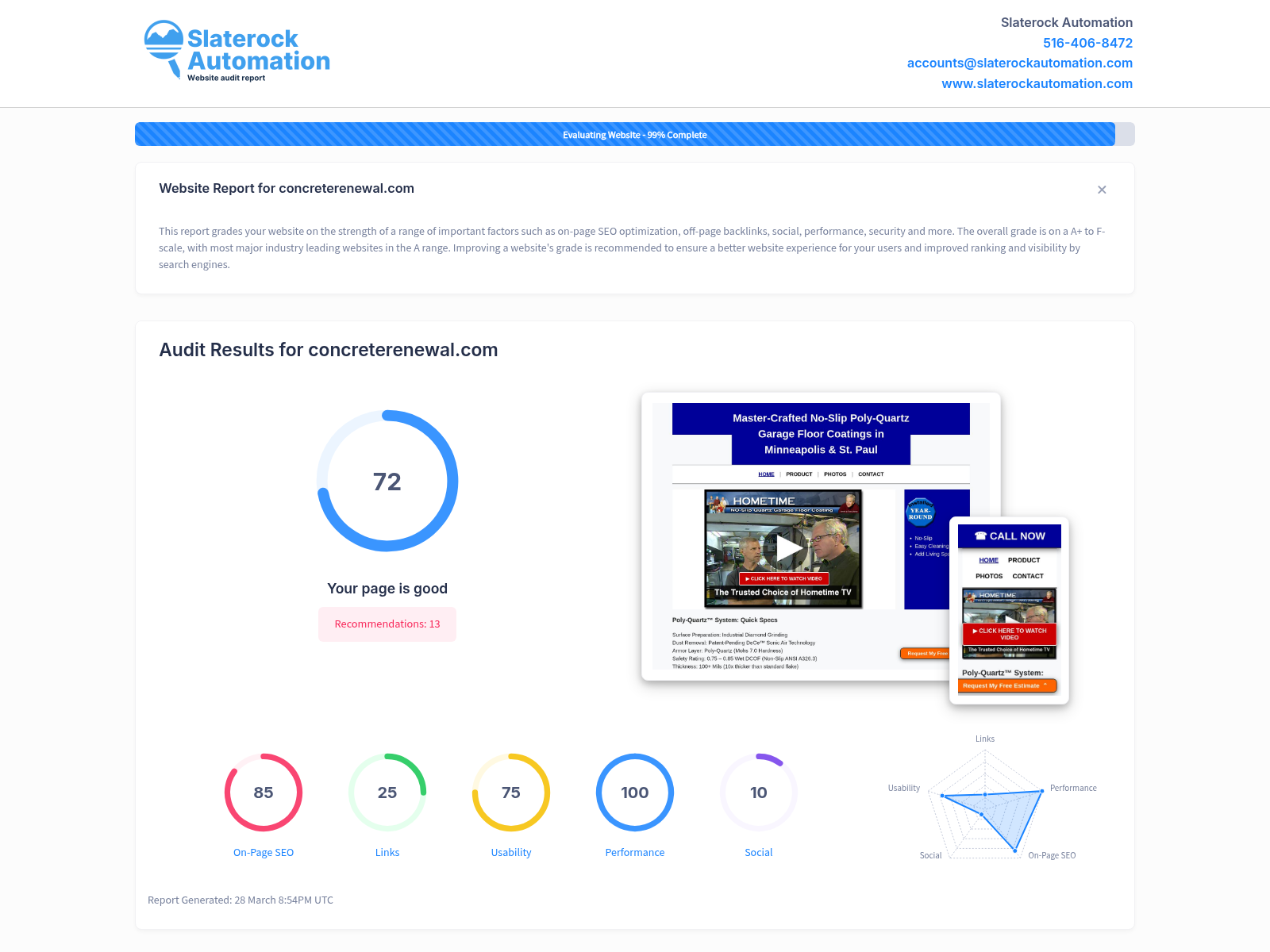 Screenshot of ConcreteRenewal website showing their flooring solutions and customer testimonials.