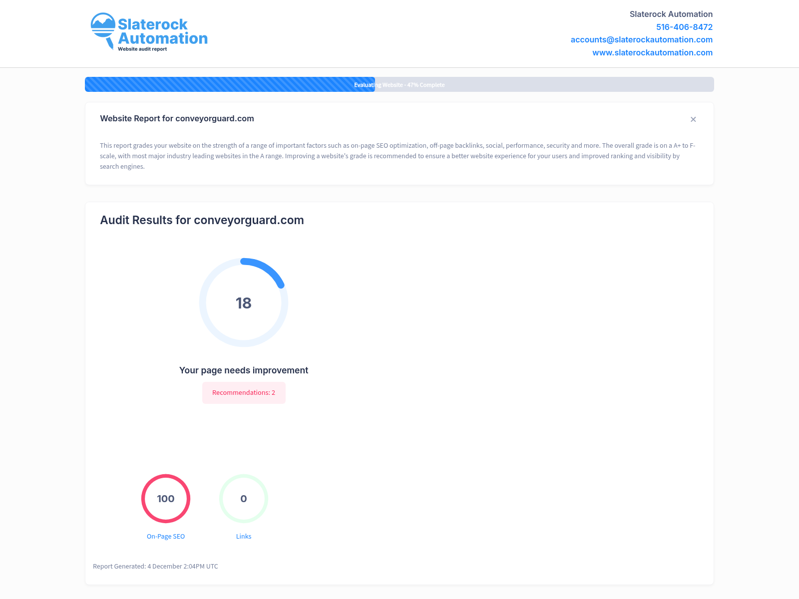 Screenshot of Conveyor Guard's website audit showcasing performance and SEO metrics.