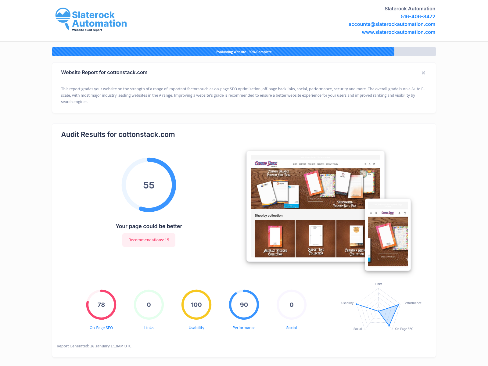 Screenshot of Cotton Stack website audit showing user-friendly interface and positive customer feedback.