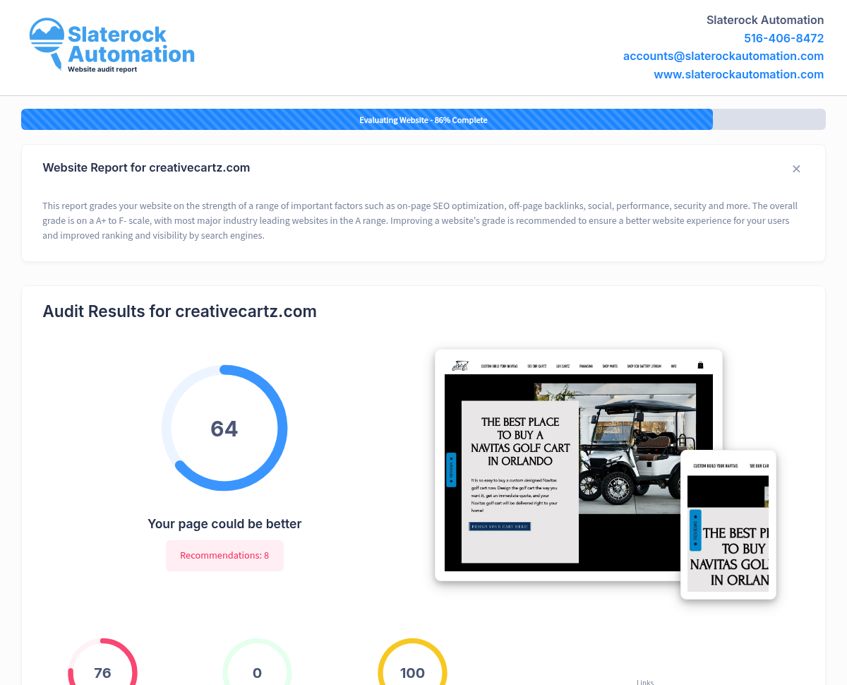 Screenshot of a website audit showcasing Creative Cartz's performance and customer satisfaction metrics.