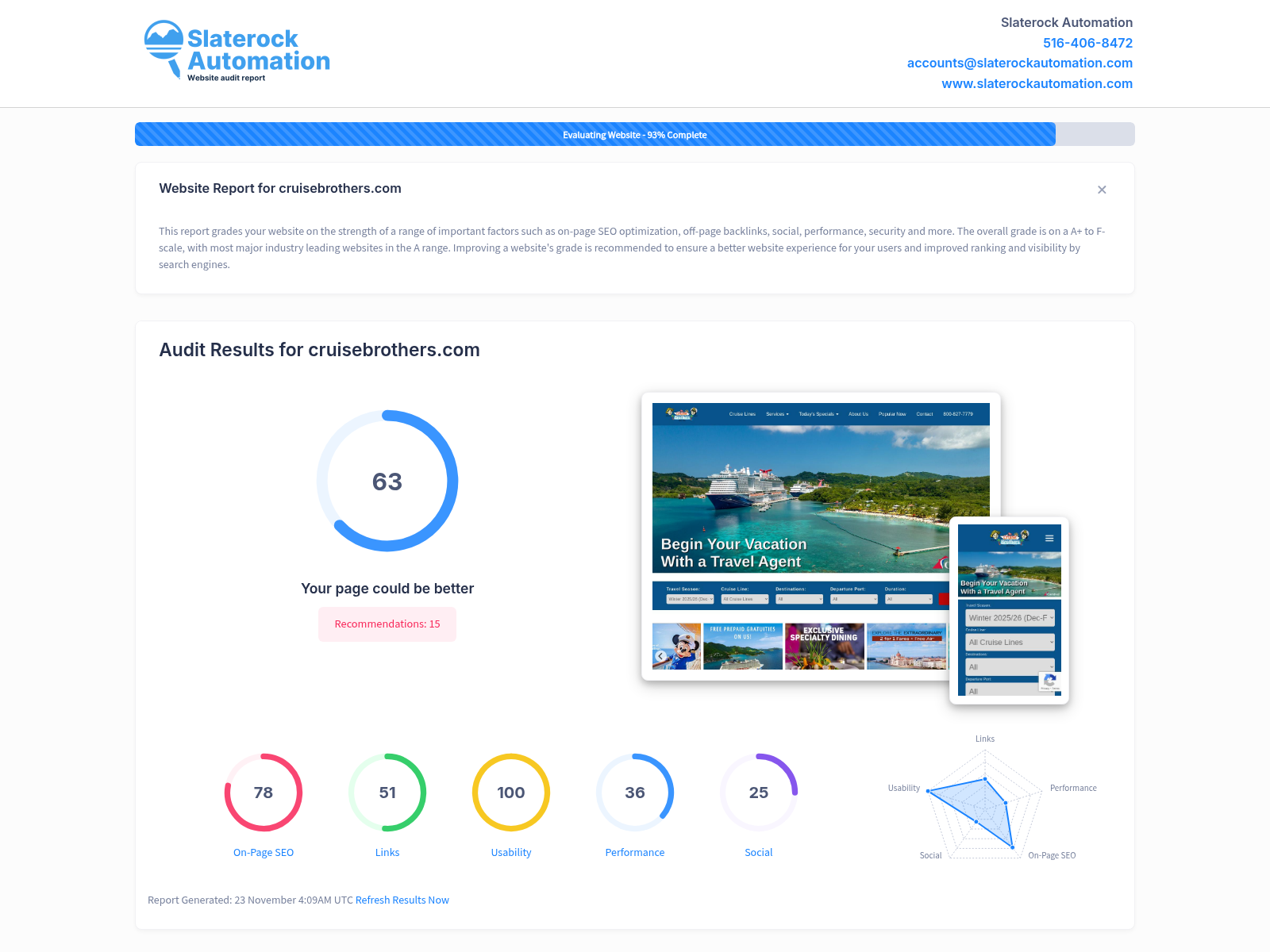 Screenshot of a website audit for Cruise Brothers highlighting key performance metrics and SEO optimization strategies.