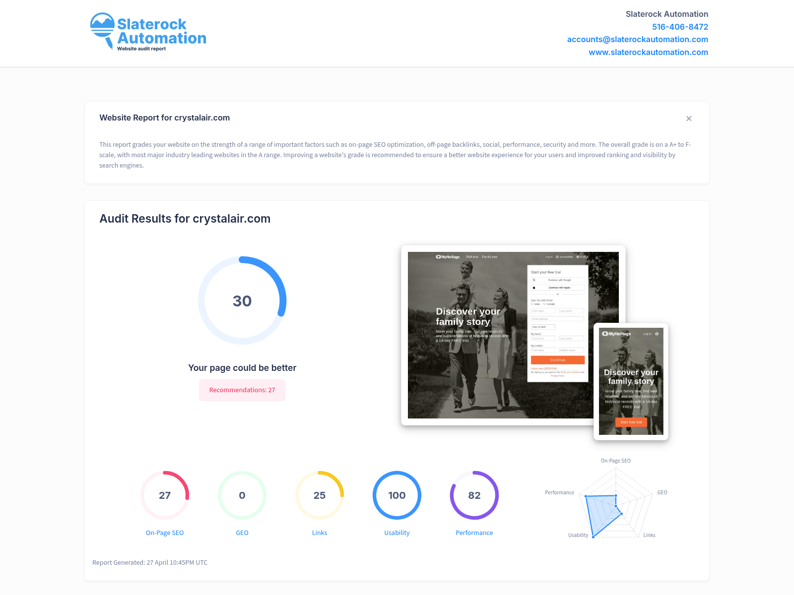 Screenshot of a website audit for Crystal Air showcasing positive reviews and service quality.