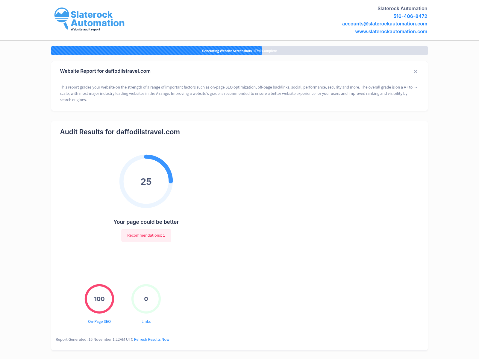 Screenshot showing Daffodils Travel website audit highlights including ratings and customer feedback.