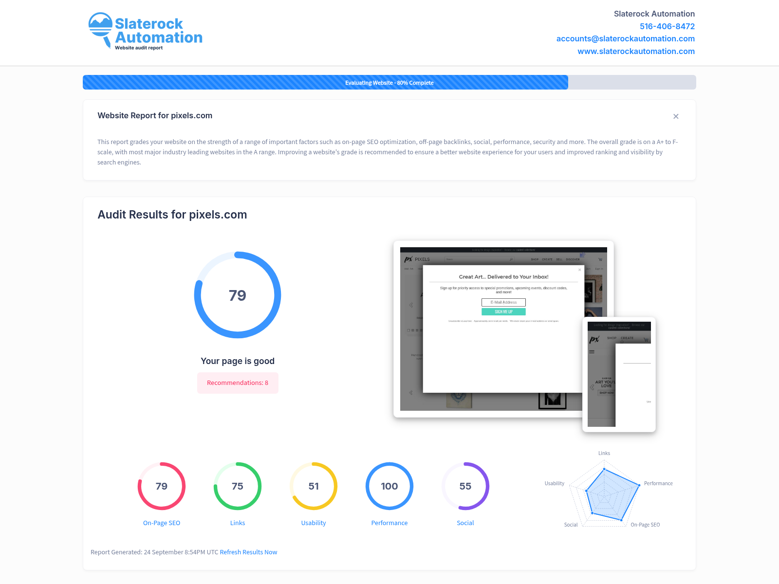 Screenshot of a website audit for Dan Friend Pixels showcasing loading speed and SEO metrics.