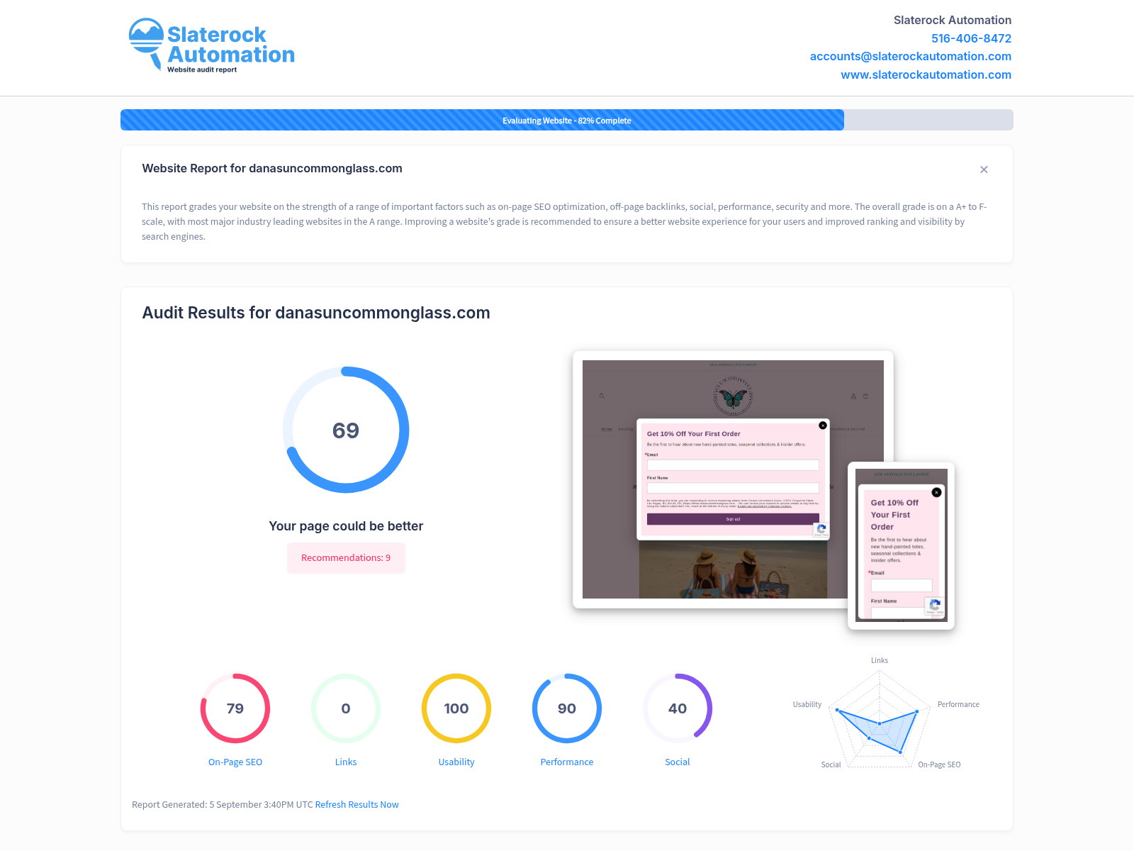 Screenshot of Dana's Uncommon Glass website audit showcasing high-quality glass designs and positive customer reviews.