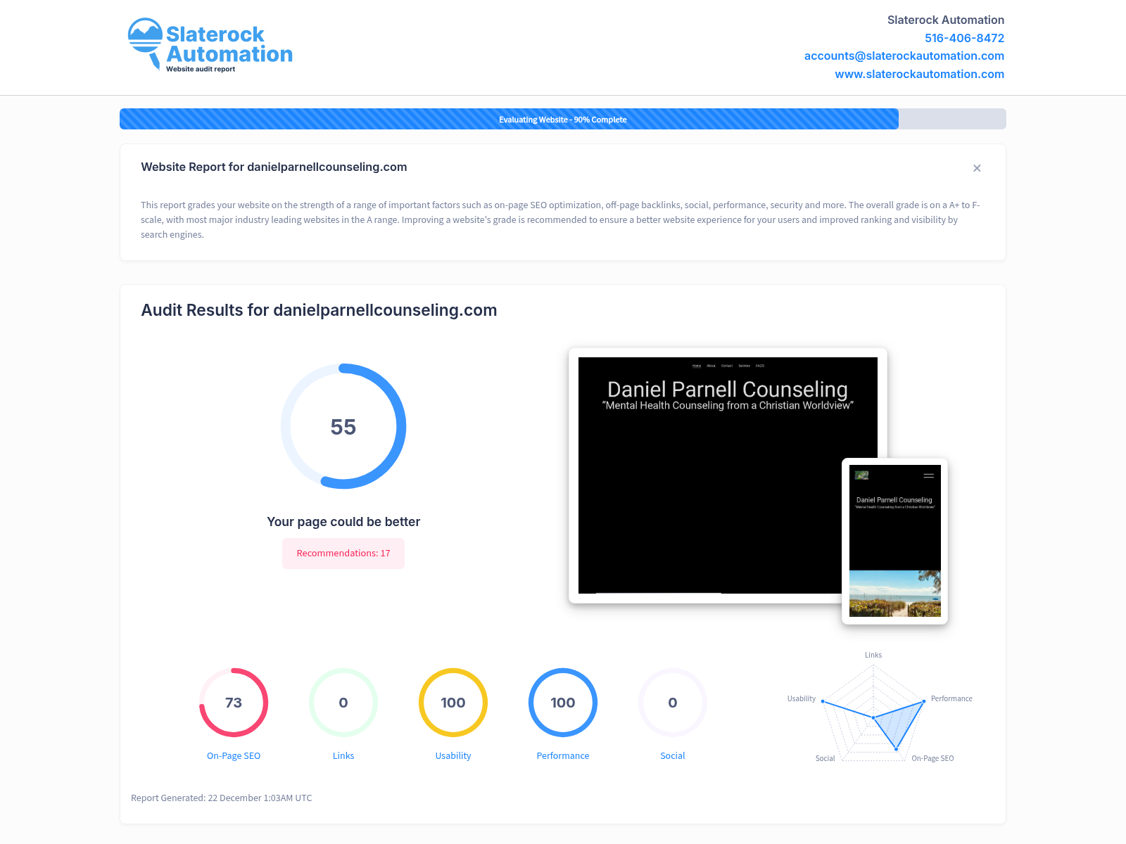 Screenshot displaying the website audit results for Daniel Parnell Counseling, highlighting its SEO performance and user engagement metrics.