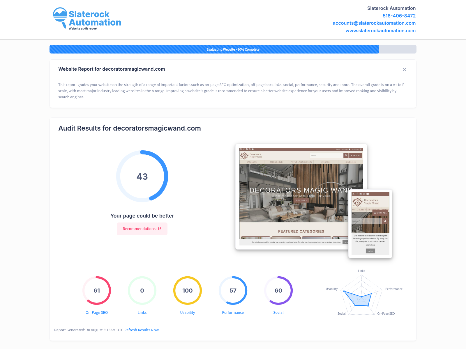 Screenshot of website audit for Decorators Magic Wand showcasing user-friendly interface and quality product offerings.