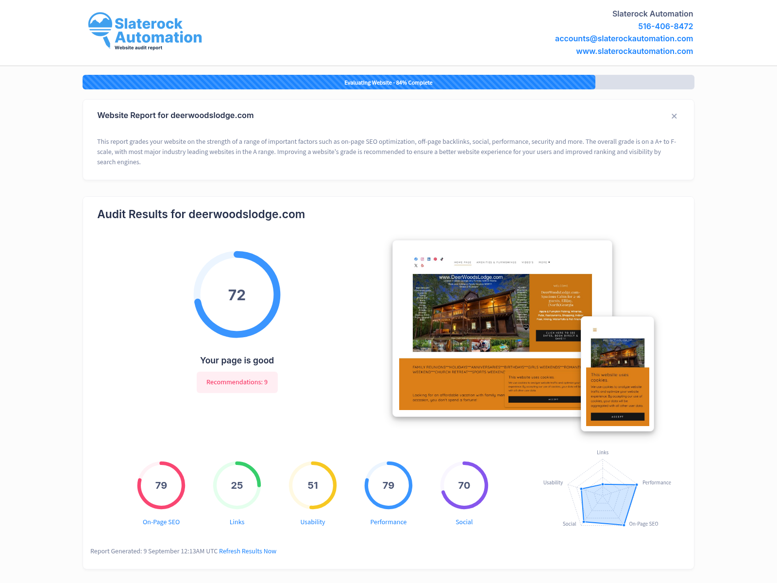 Website audit screenshot highlighting Deerwoods Lodge features and amenities.