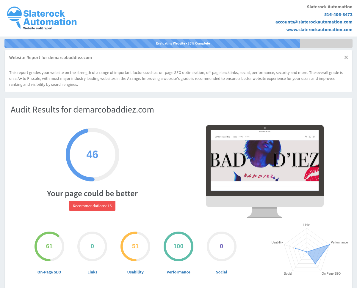 Screenshot of DeMarco Baddiez website audit showcasing performance metrics and customer satisfaction ratings.