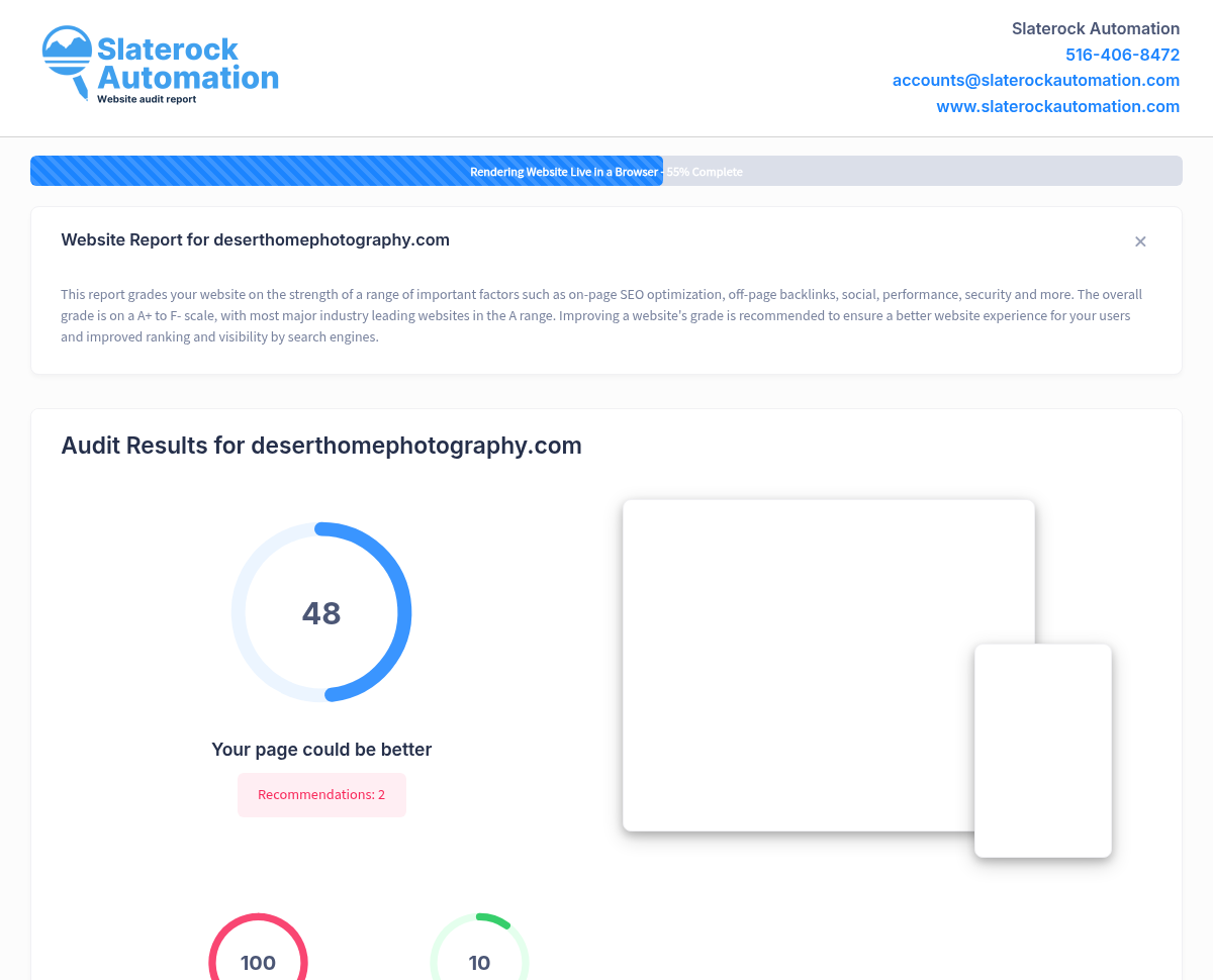 Screenshot of a website audit showcasing Desert Home Photography's SEO performance and website optimization.