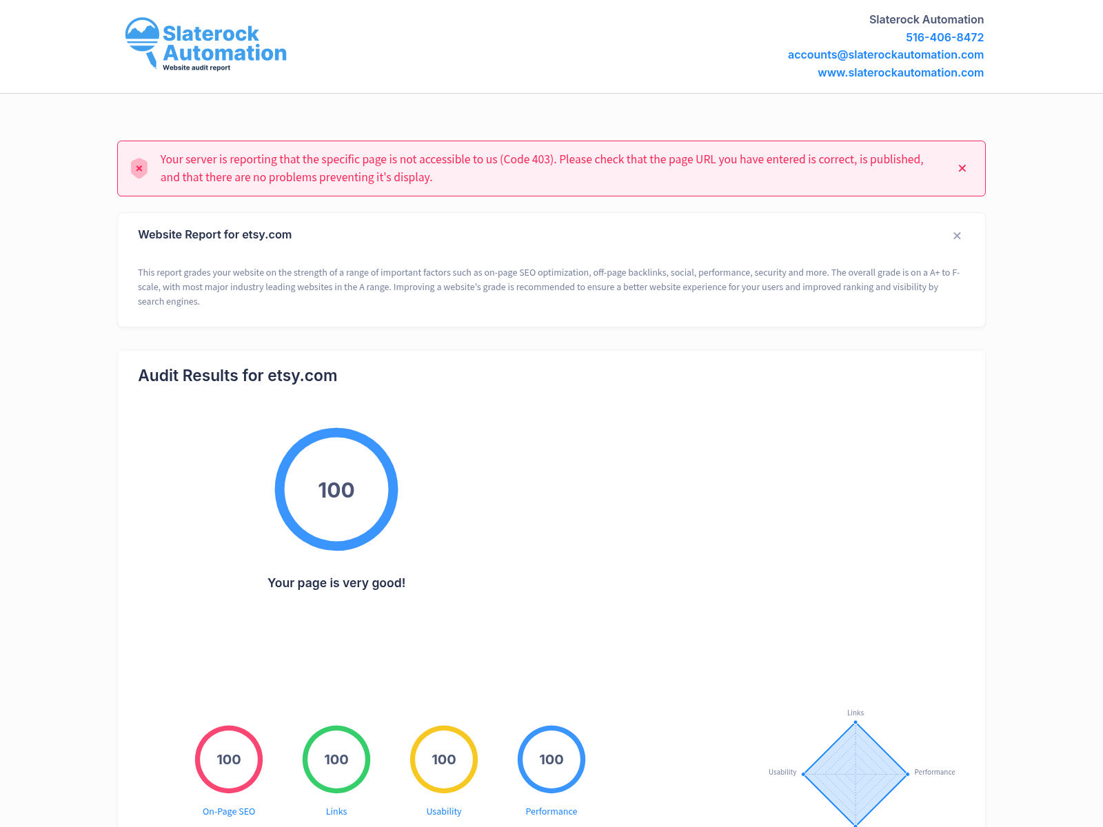 Screenshot of a website audit showcasing Designs by Maral's online presence and performance