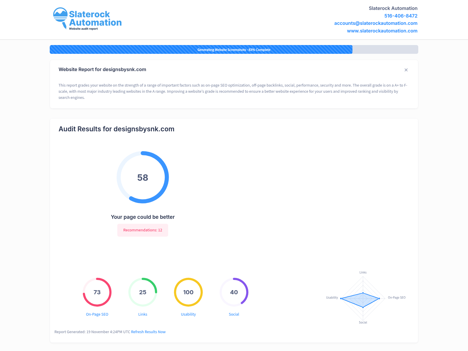 Screenshot of a detailed website audit for Designs by SNK highlighting SEO strengths and areas for improvement.