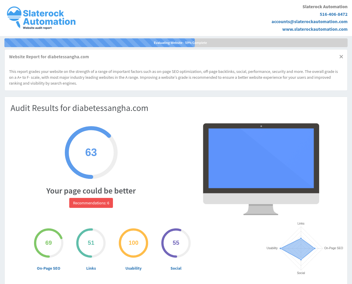 Screenshot of Diabetes Sangha website audit highlighting key features and resources for Type 1 Diabetes community.