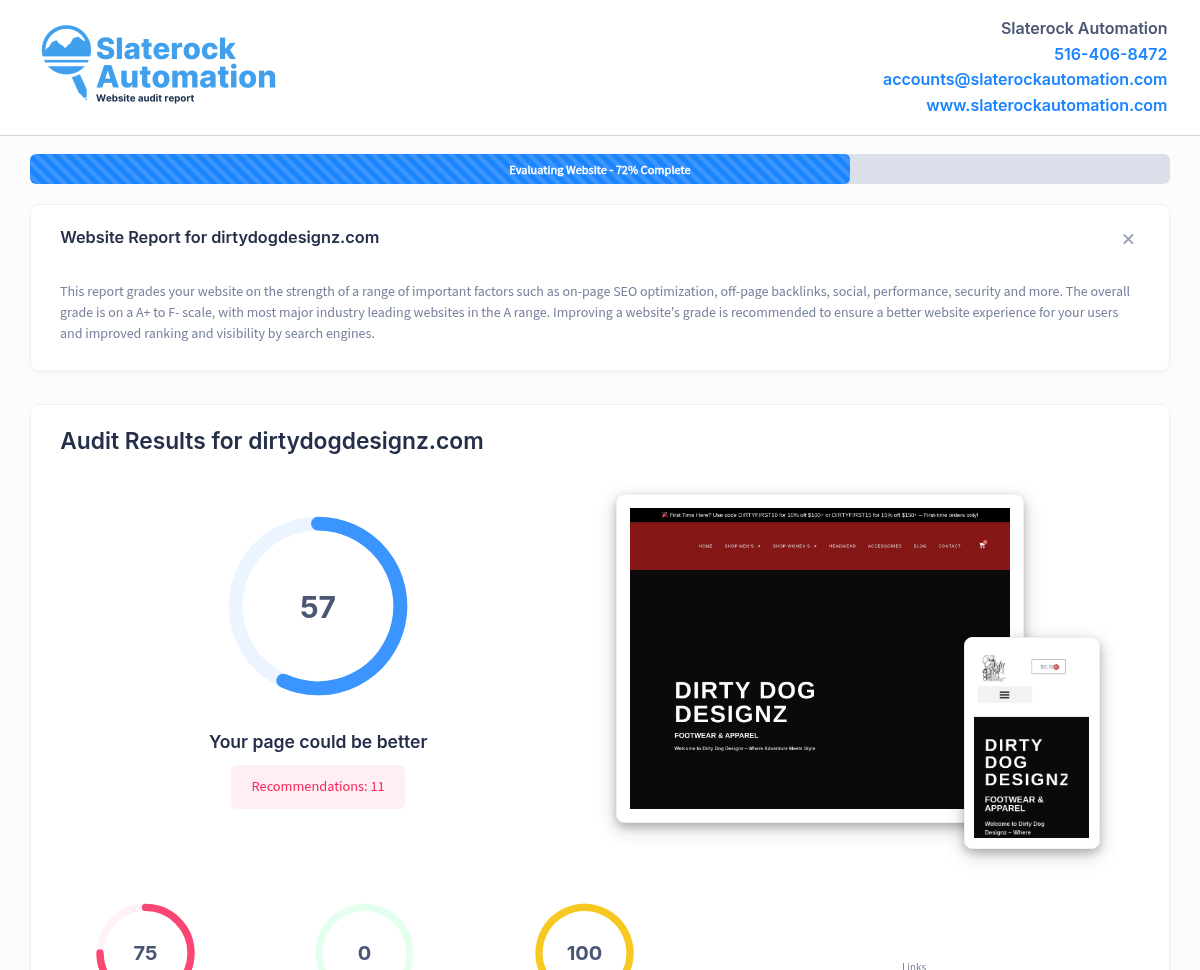 Screenshot of a website audit for Dirty Dog Designz showcasing performance metrics and SEO insights.