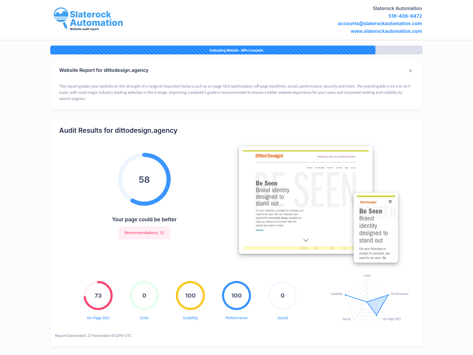 Website audit screenshot for Ditto Design Agency showcasing brand identity solutions.