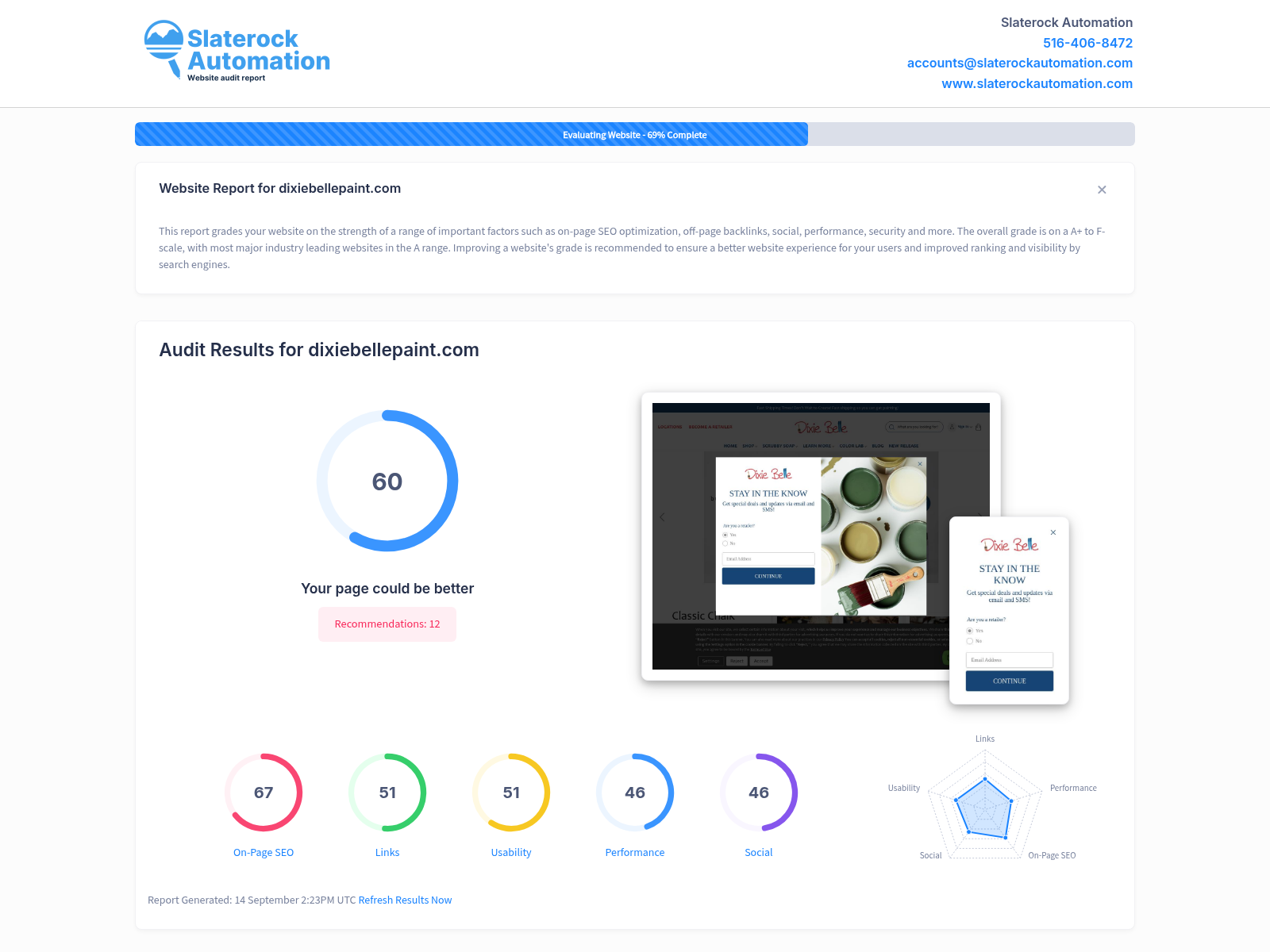 Screenshot of a website audit highlighting Dixie Belle Paint's fast shipping, all-in-one products, and excellent customer reviews.
