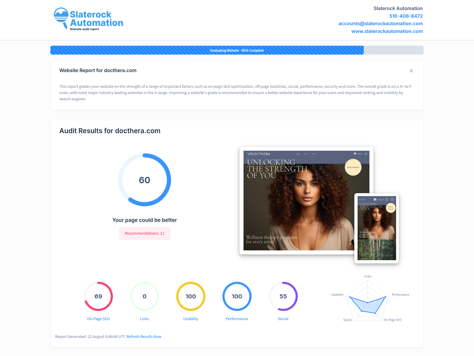 Screenshot of Docthera's website audit showcasing user-friendly design and mental health resources.