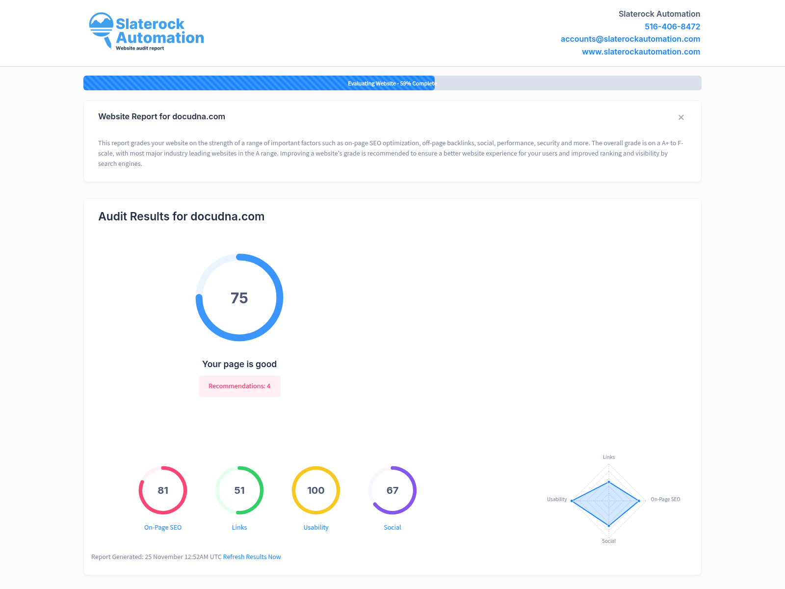 A comprehensive website audit screenshot of DocuDNA highlighting their forensic document examination services.