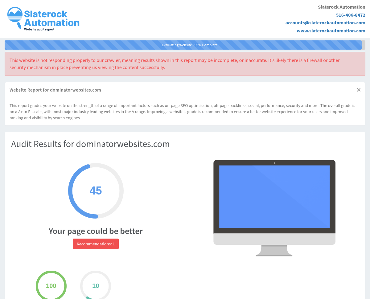 Screenshot of a comprehensive website audit showcasing Dominator Websites' SEO and design capabilities.