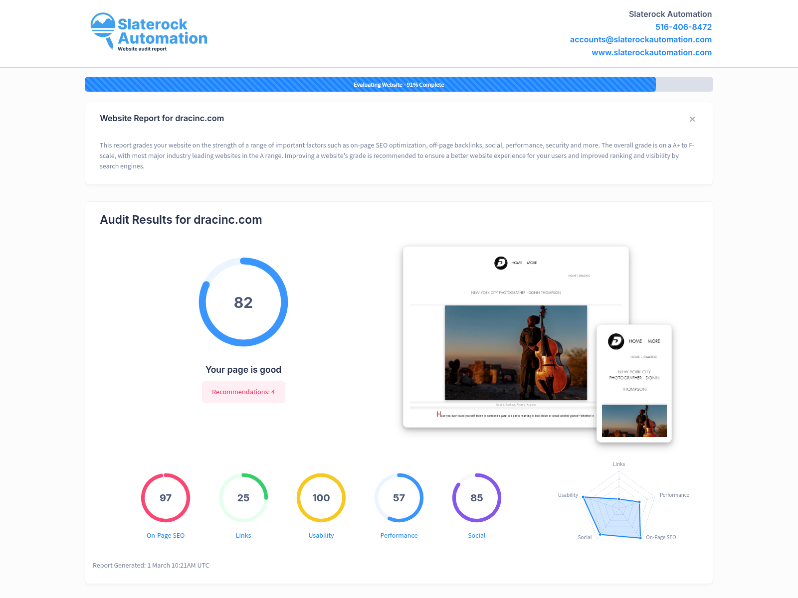 Screenshot of Drac Inc's website showing photography services and testimonials.