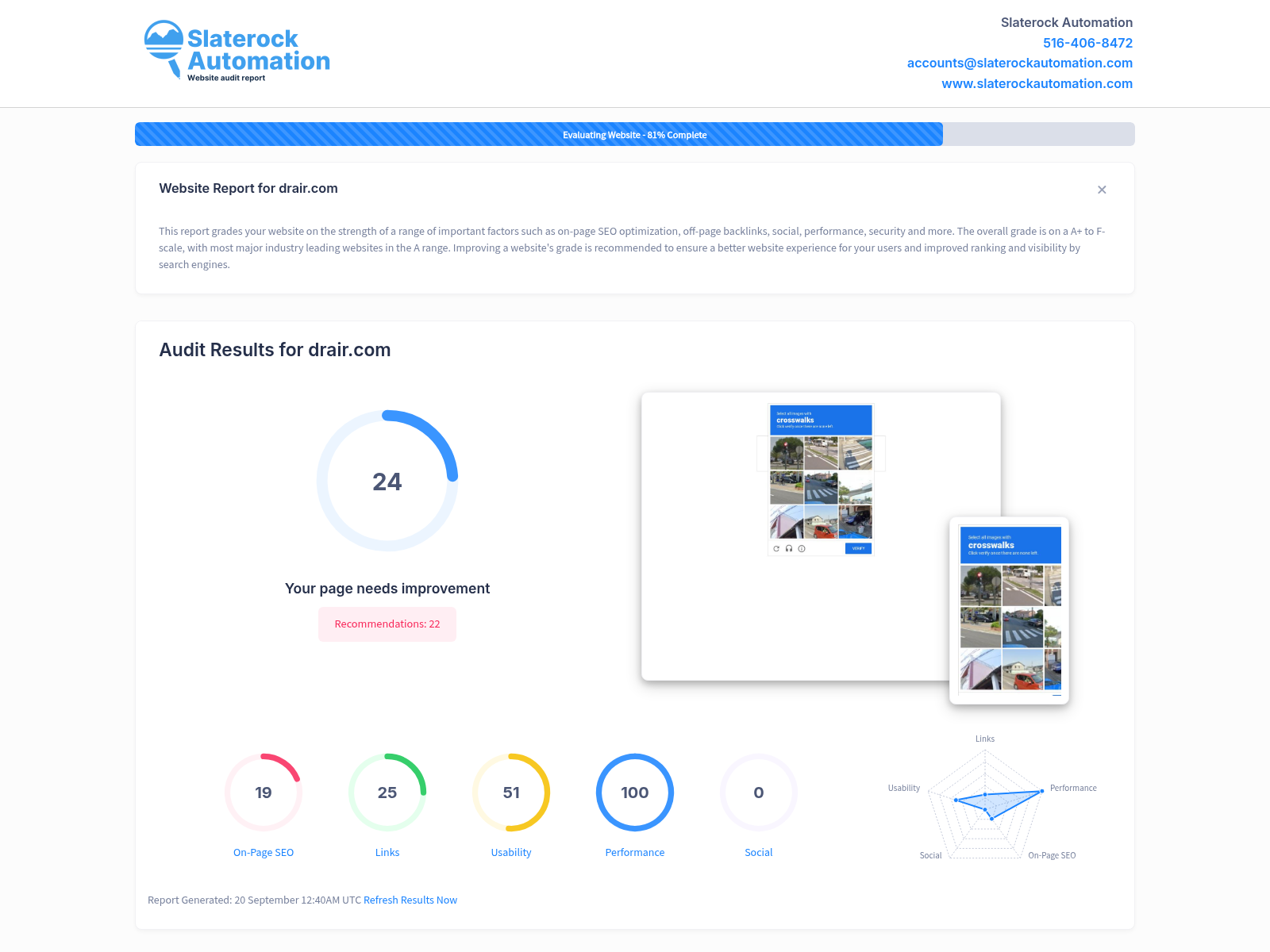 Website audit showing Drair's performance metrics and customer feedback.