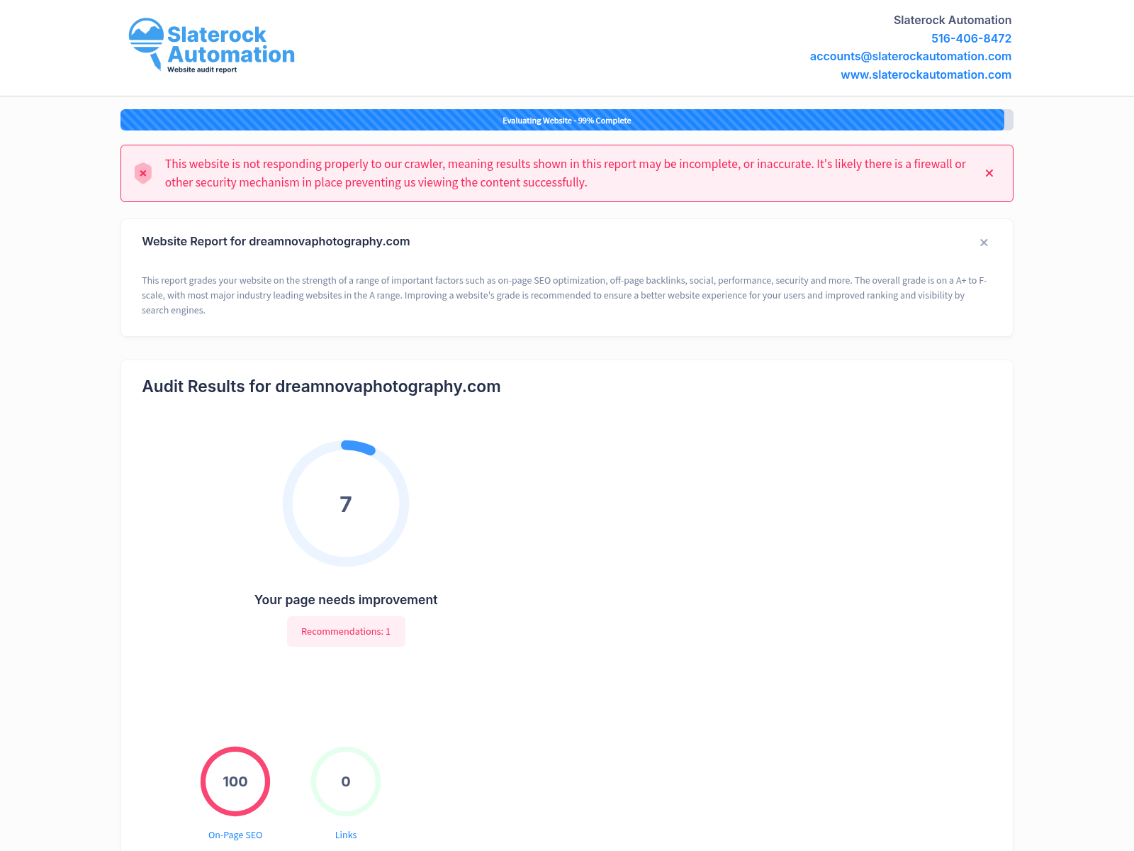 Website audit screenshot showcasing Dream Nova Photography's services and client testimonials.