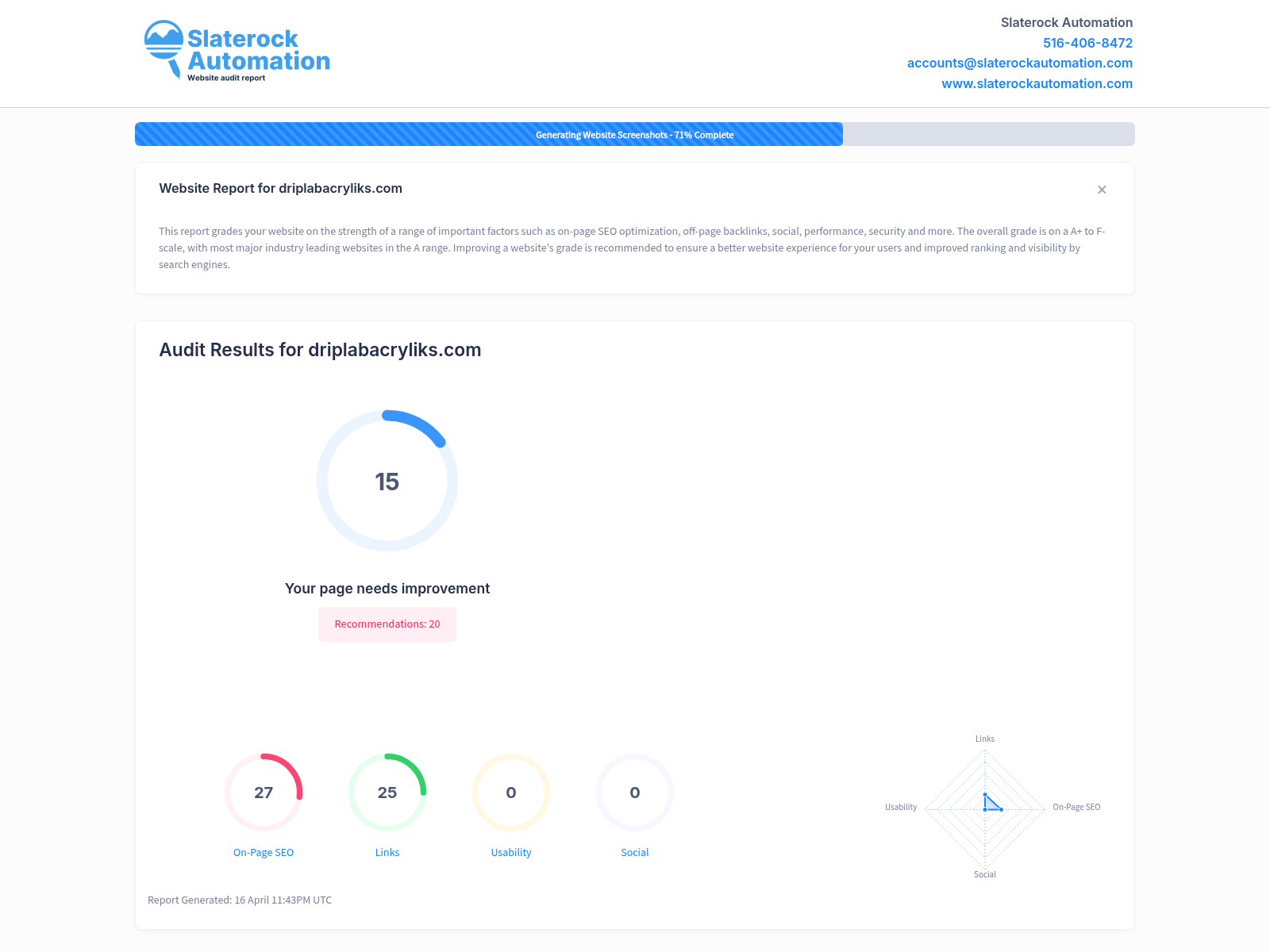 Screenshot of Drip Lab Acryliks website audit showing high customer satisfaction and product quality.
