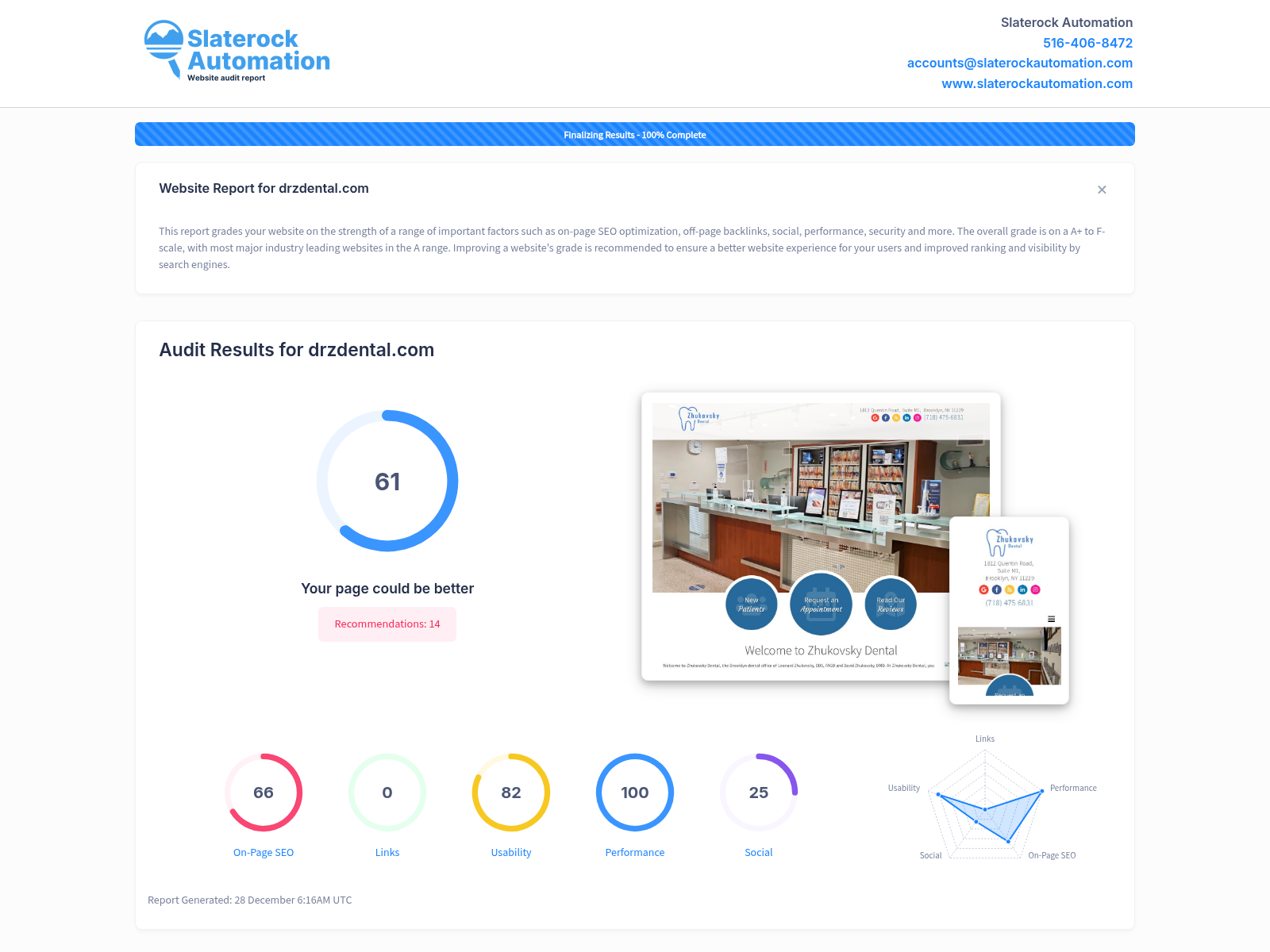 Screenshot of DRZ Dental's website audit showcasing their user-friendly interface and accessibility features.