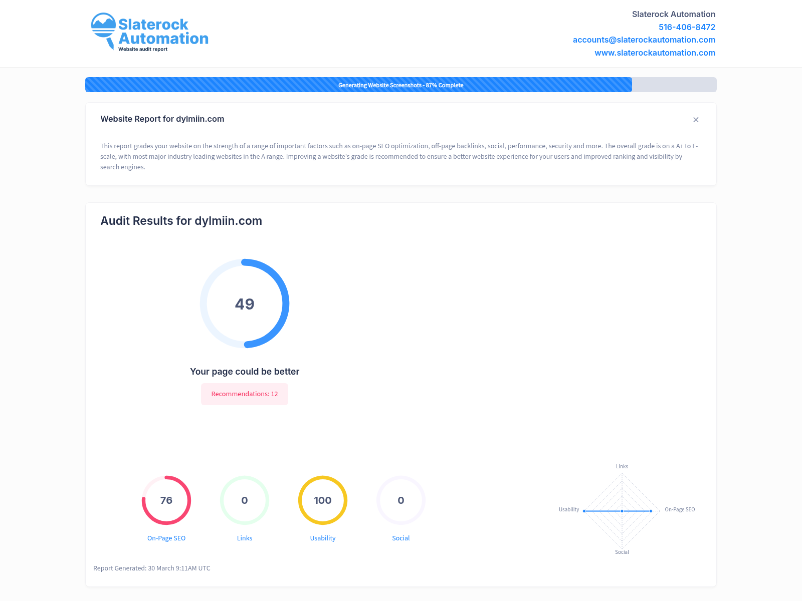 Screenshot showcasing the DYLMIIN website audit highlighting site performance and user experience.