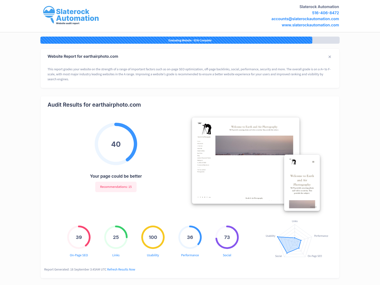 A screenshot displaying the results of a website audit for Earth Air Photo, showcasing SEO and performance metrics.