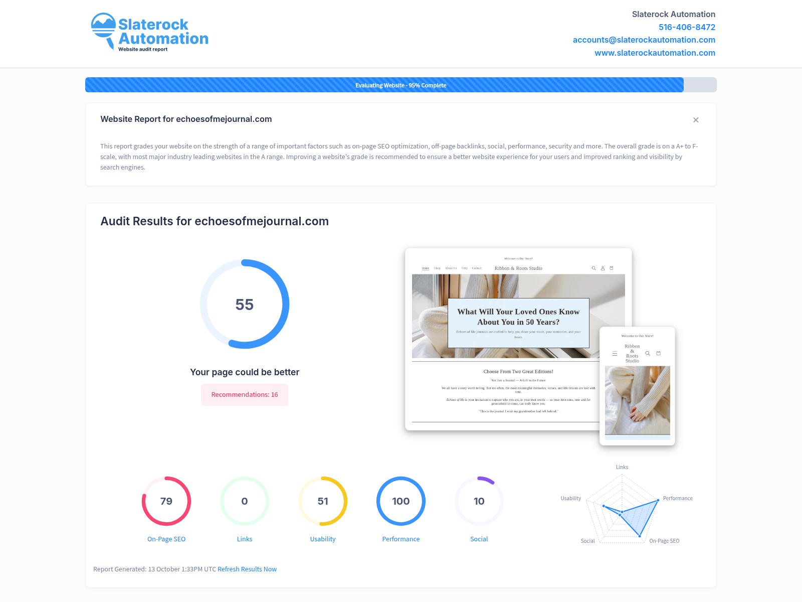 A screenshot of an extensive website audit for Echoes of Me Journal showcasing optimization and performance insights.
