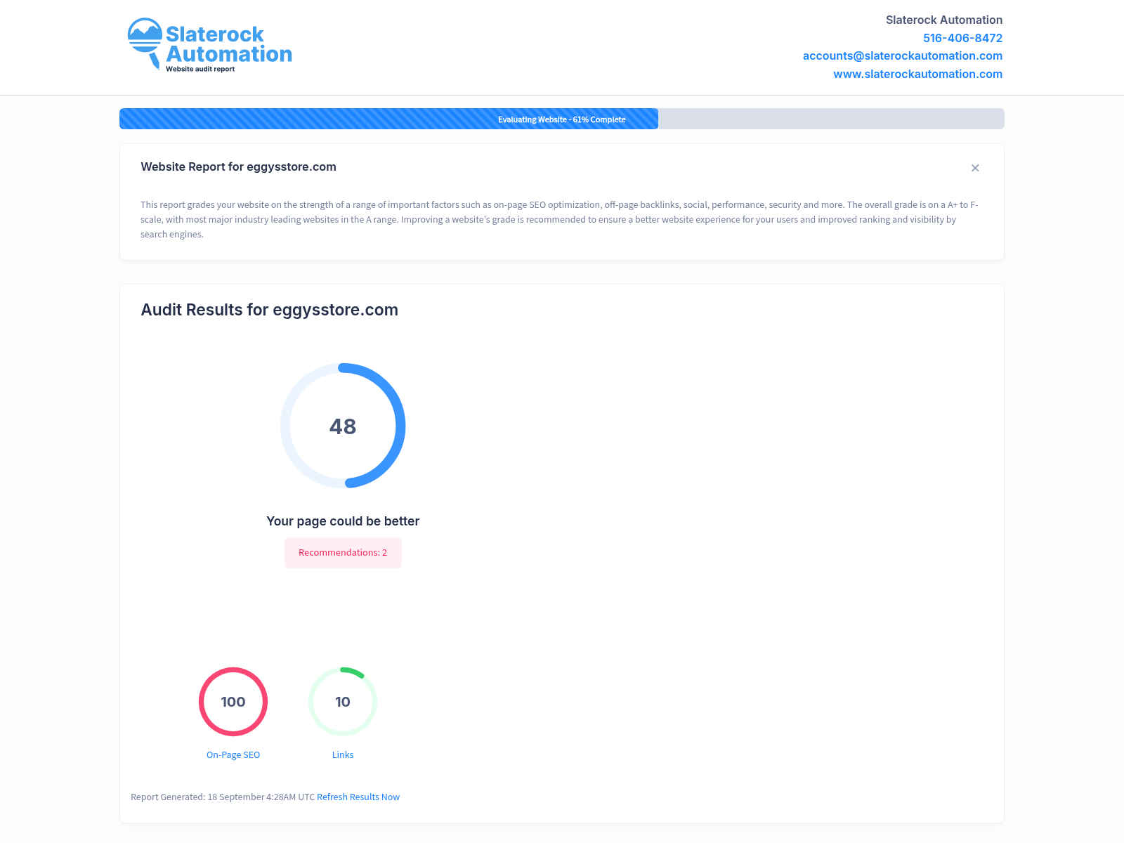 Screenshot showing an audit of Eggy's Store's website performance and analytics.
