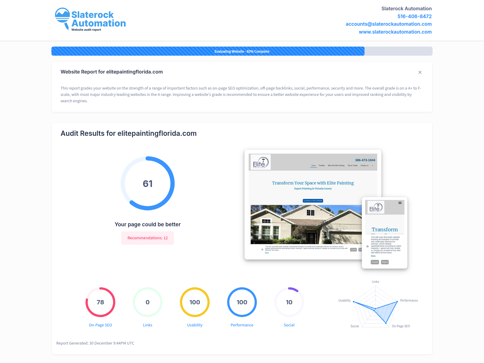 Screenshot of Elite Painting Florida's website audit, showcasing SEO optimization and service highlights.