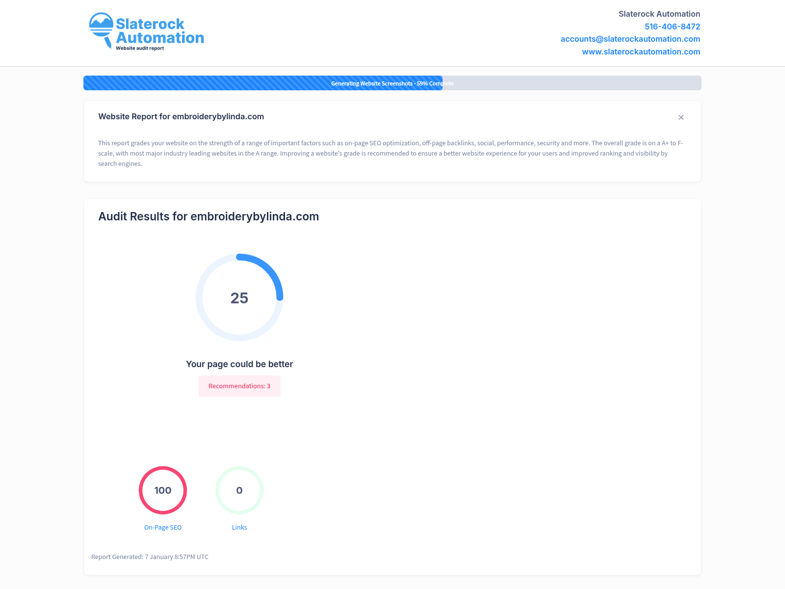 A screenshot showing a website audit highlighting Embroidery By Linda's online presence and performance metrics.