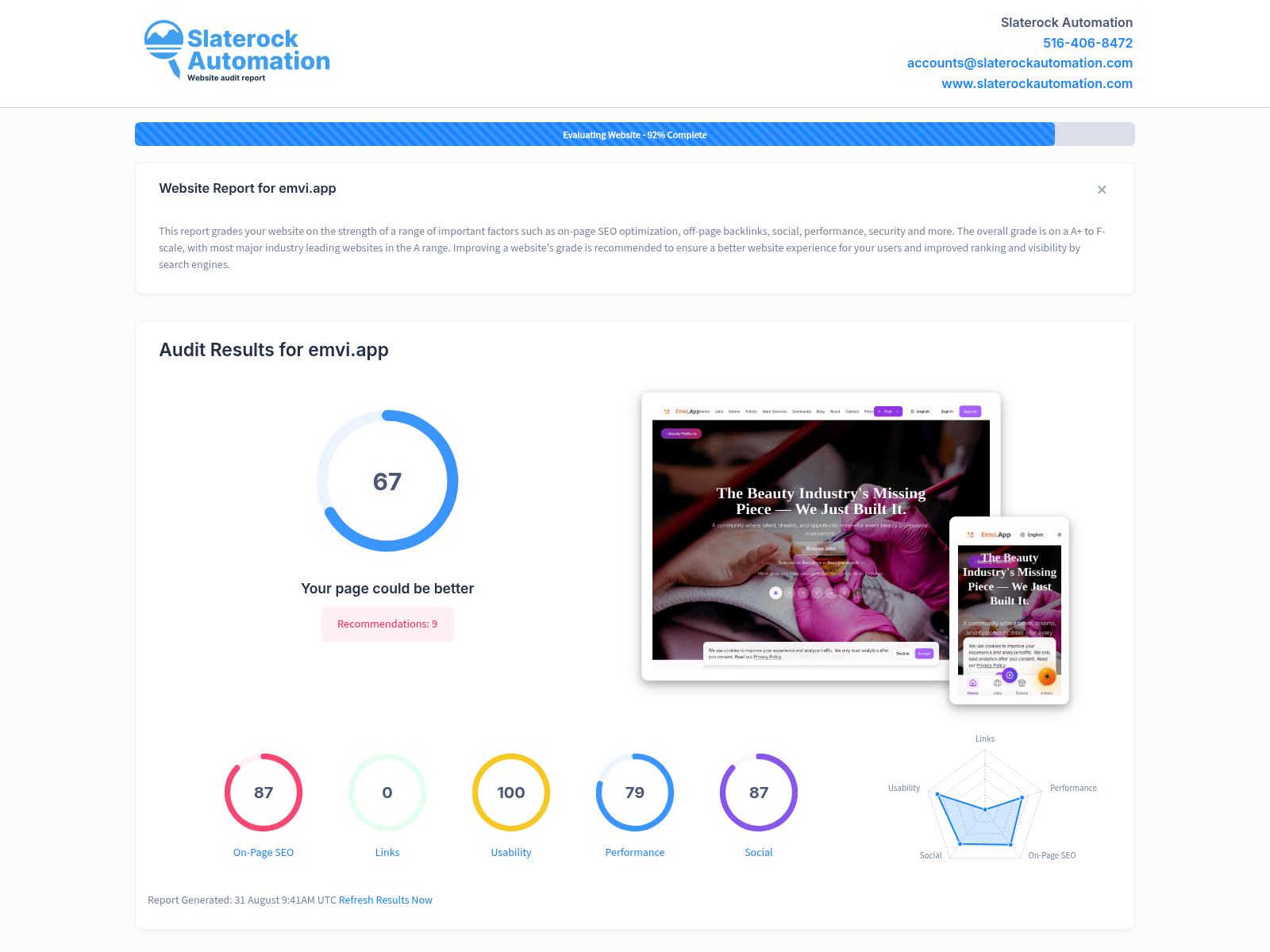 Screenshot of Emvi's website audit showcasing customer satisfaction and service quality.