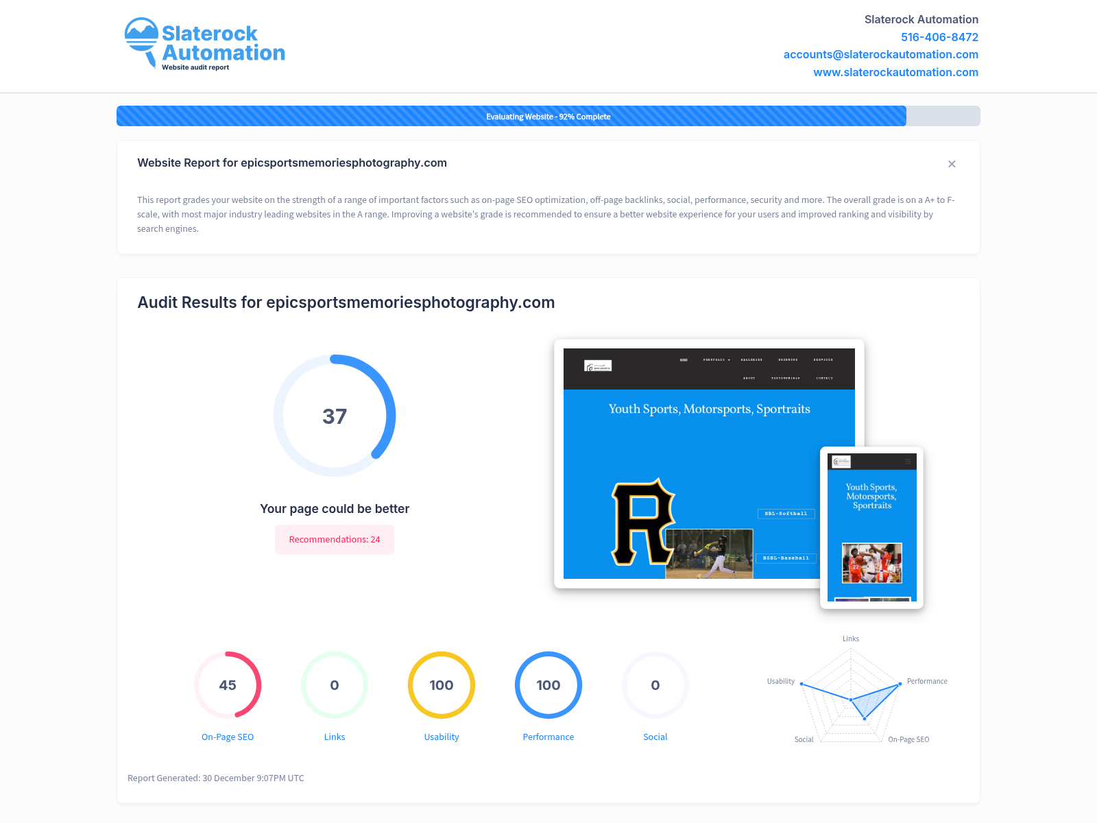 Screenshot of an SEO audit for Epic Sports Memories Photography showing site performance and optimization details.