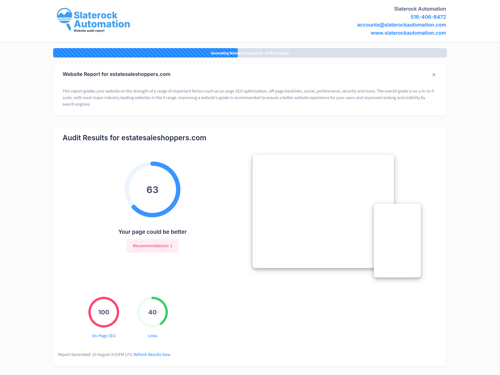 Screenshot of an estate sale website audit showcasing site performance metrics.