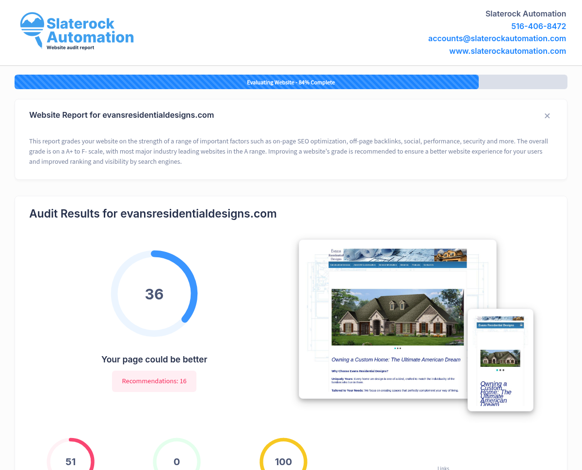 Screenshot of Evans Residential Designs website audit showcasing design quality and customer satisfaction ratings.