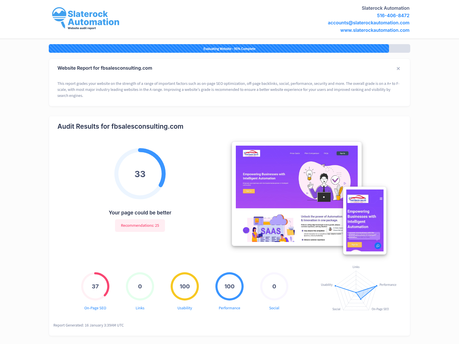 Screenshot of a website audit showcasing FB Sales Consulting's metrics and performance improvements.