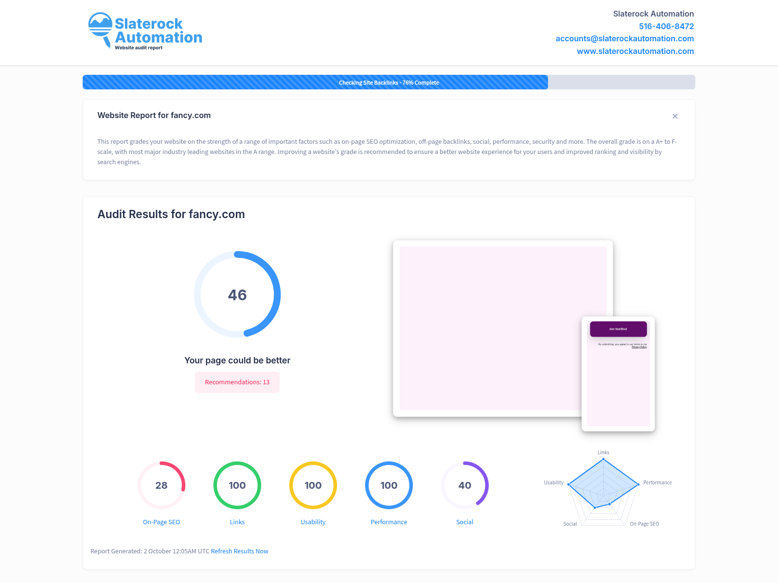 Screenshot of Fancy's website audit showcasing performance analytics and optimization recommendations.