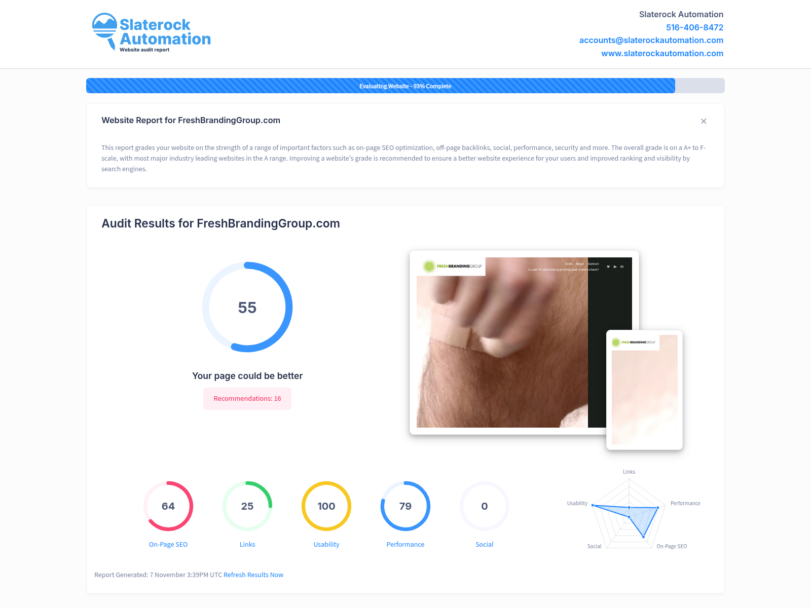 Screenshot of Fresh Branding Group website audit showcasing performance metrics and SEO optimization.