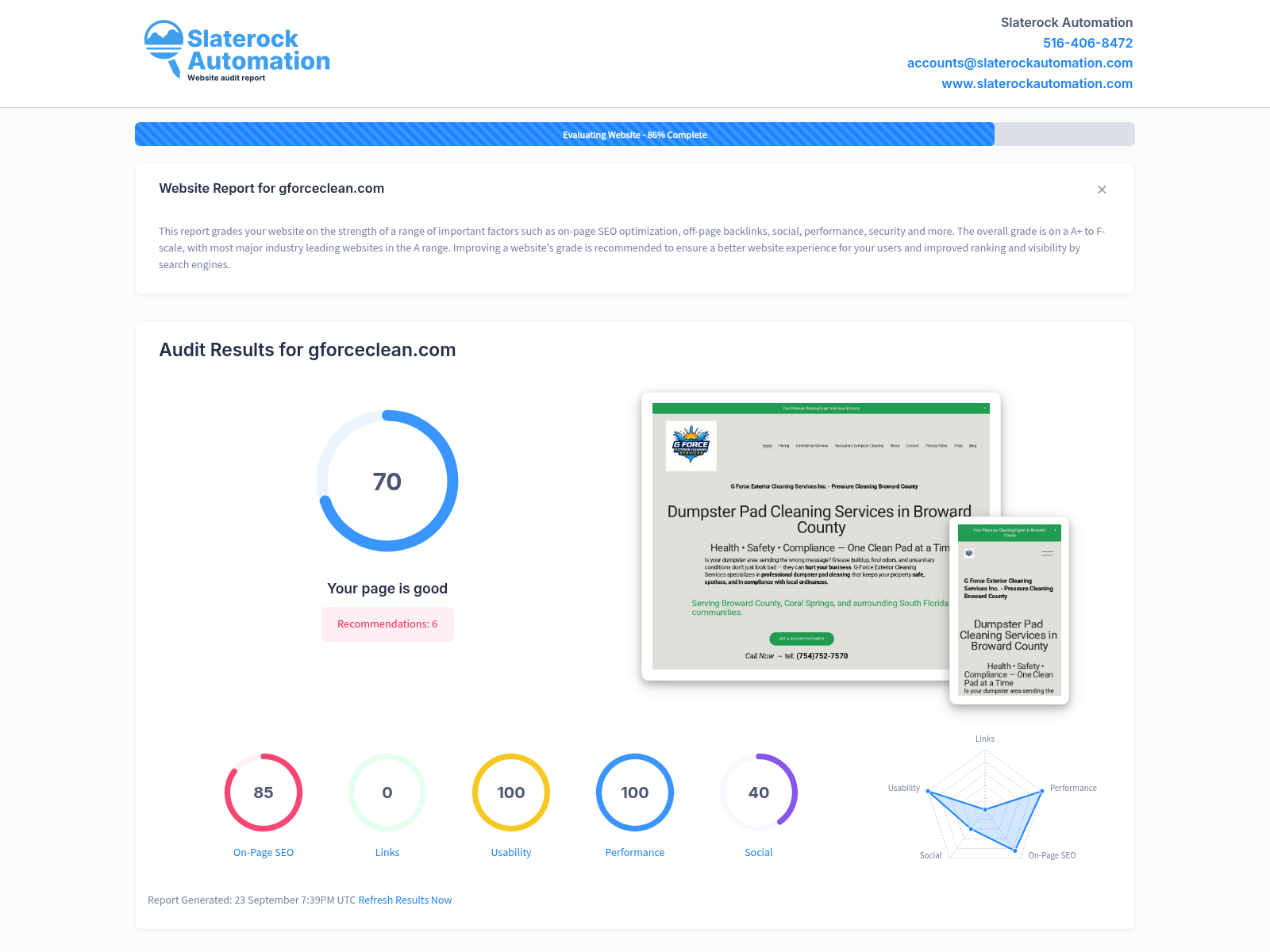 Screenshot of a website audit for G-Force Exterior Cleaning Services, showcasing their cleaning solutions for commercial dumpster areas.