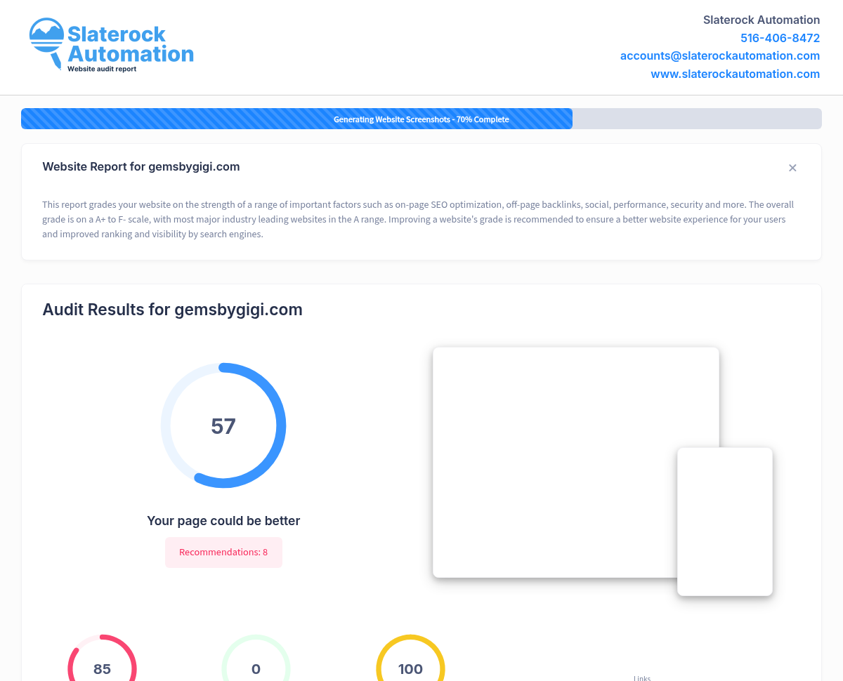 Screenshot of Gems by GiGi website audit showcasing performance metrics and SEO analysis.