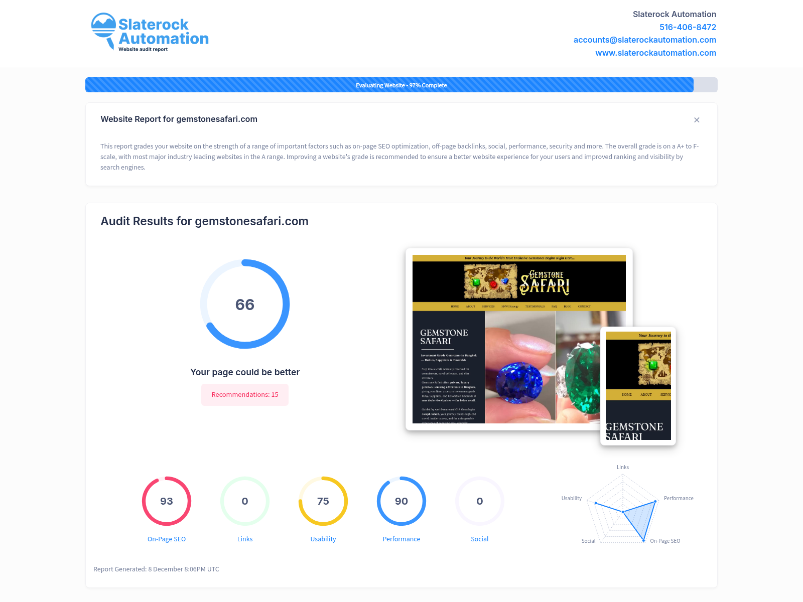 Website audit screenshot showing the optimization strategies for Gemstone Safari's online presence.